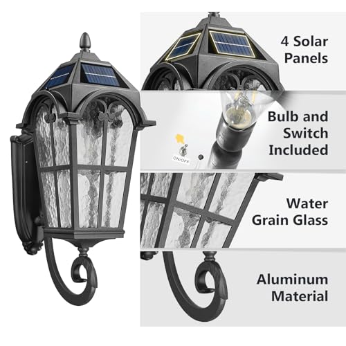 Exterior LED Solar Wall Sconce with Remote Control (Black - Water Grain Glass / 24 Inch - Solar Powered)