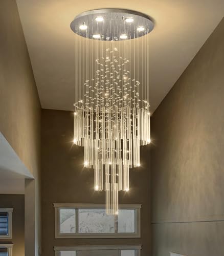 W20 x H40 Crystal Glam Chandelier Long Light Chandeliers with Dimmable Light Bulbs High Ceiling Light Fixtures for Foyer Entryway Living Room Stair Silver (Silver / Round W20" X H40")
