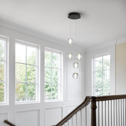 5 Lights Foyer Chandeliers for High Ceilings Raindrop Crystal Ball Chandelier Dimmable LED Entryway Pendant Light Hanging for Dining Room Kitchen Island Hallway (5 Light / Black Canopy)