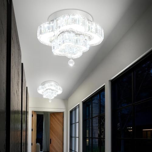 Dia 12'' Mini Crystal Chandeliers Silver Modern LED Chandelier Flush Mount Crystal Ceiling Lights Fixture Modern Pendant Light for Living Room Foyer Entryway (Silver / Dia 12")