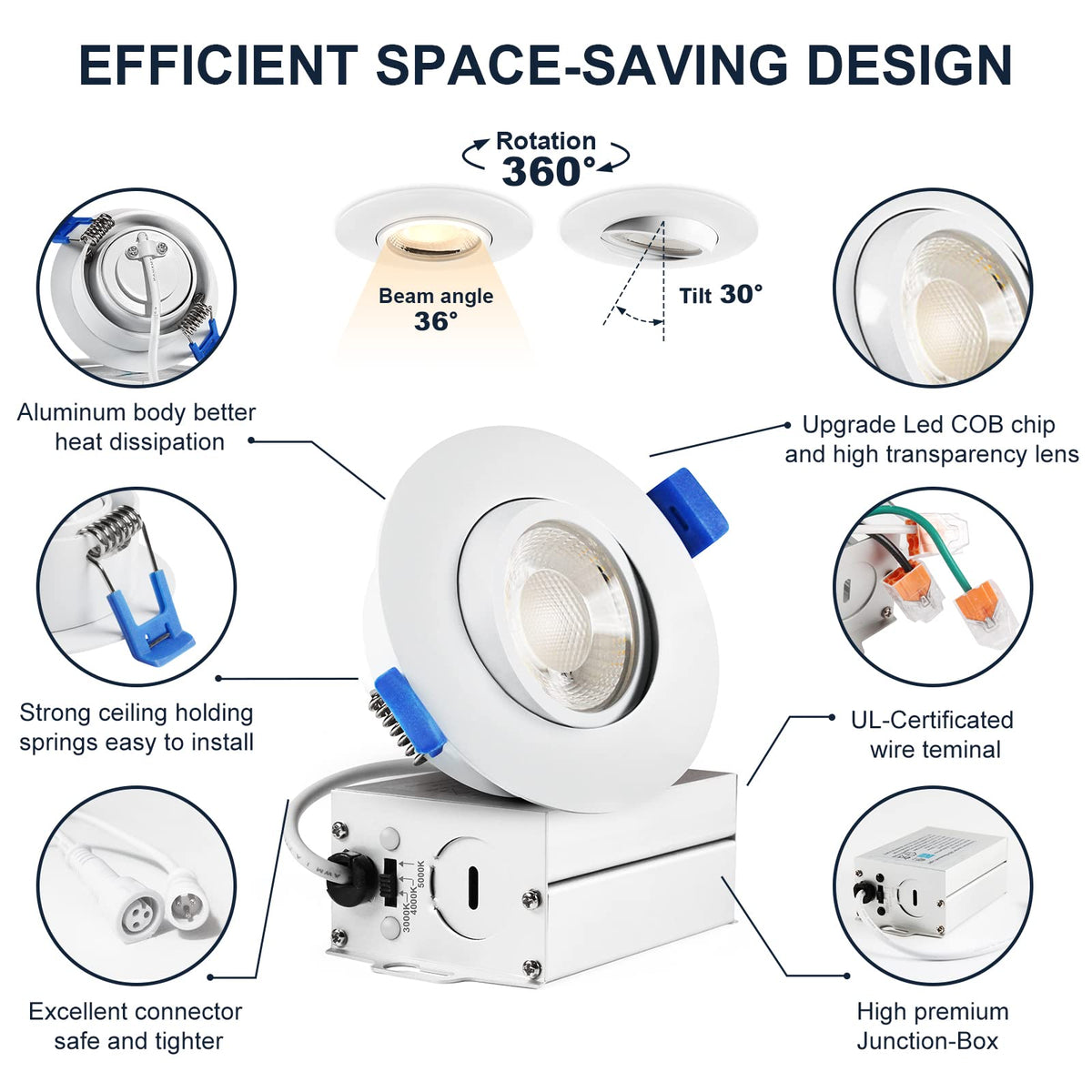 4 Packs 3 Inch Gimbal Led Recessed Light with Junction Box 10w (3CTT- 4 PCS / Adjustable Eyeball 3CTT※ 3 inch (4 Pack))