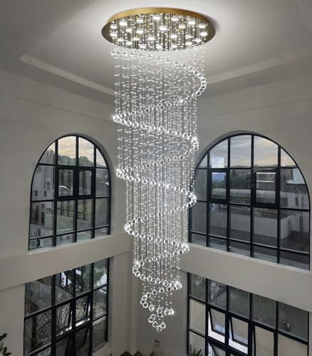 W47 x H118 High Ceiling Chandelier with LED Bulbs Dimmable Long Light Glam Chandeliers Crystal Pendants Light Fixtures for Foyer Entryway Living Room Stair Gold (Gold / Spiral W47" X H118")