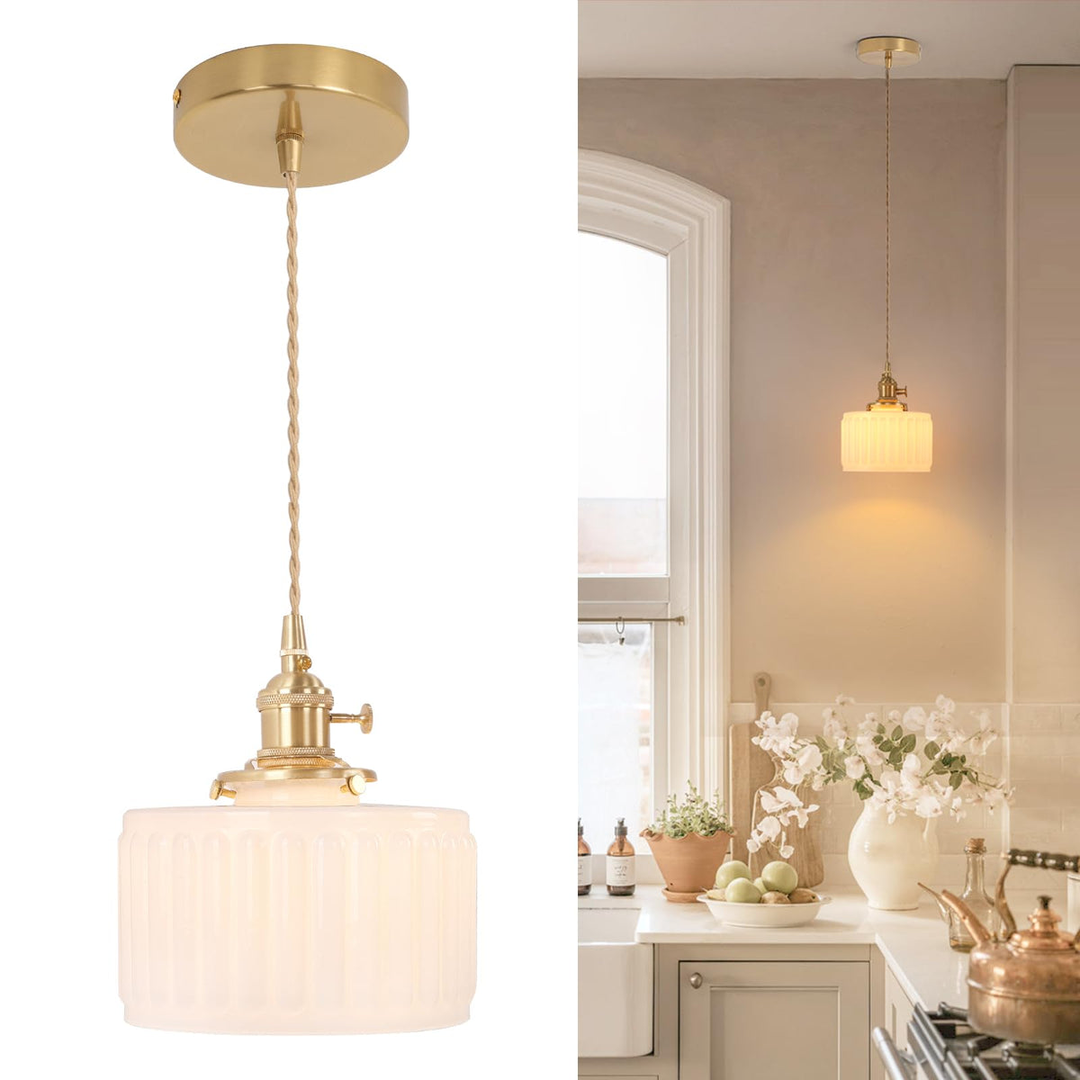 Pendant Light with White Striped Glass Lmapshade (Z-Striped White)