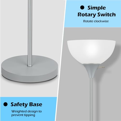 Floor Lamp LED Standing Lamps with White Plastic Shade (Silver Grey)
