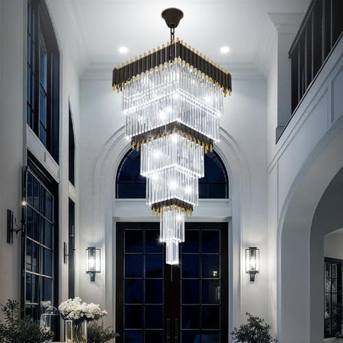 Modern Black and Gold Crystal Chandelier Large Foyer Chandelier for High Ceiling Long Entryway Chandeliers Adjustable Chain for Hall Living Room Entrance Staircase W24 x H80 17 Lights (D24"XH80" Black)