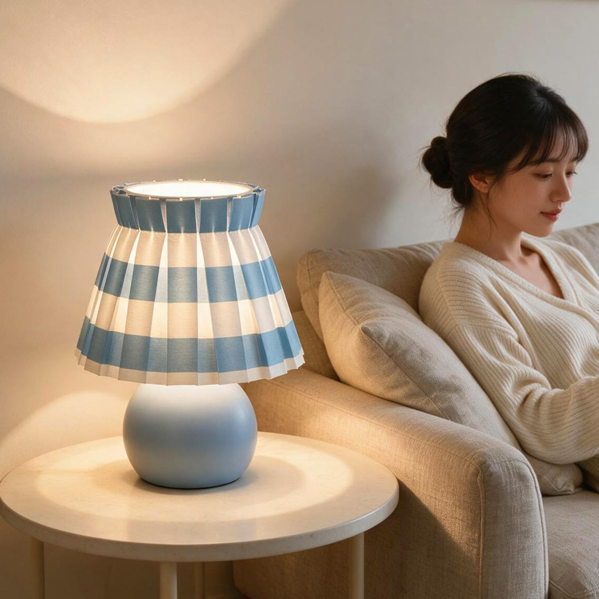 Blue White Plaid Small Bedside Table Lamp (Blue-White / On/Off Switch)