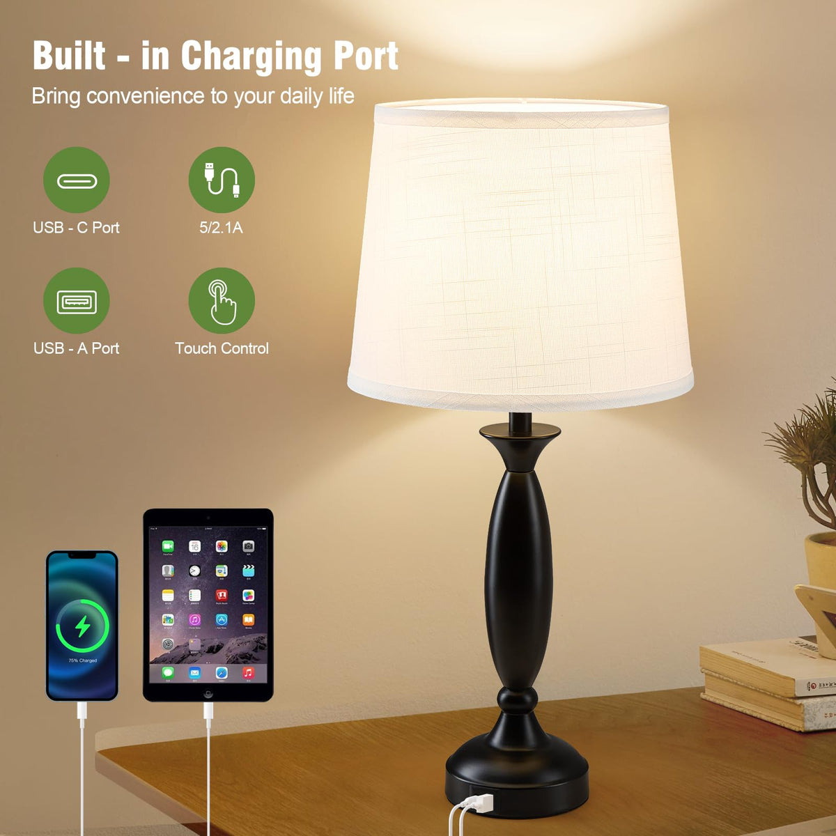 23" Touch Lamps for Nightstand Set of 2 (Black & White Shade)