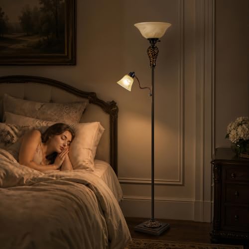 Vintage Torchiere Floor Lamp with Adjustable Reading Light (Brown)