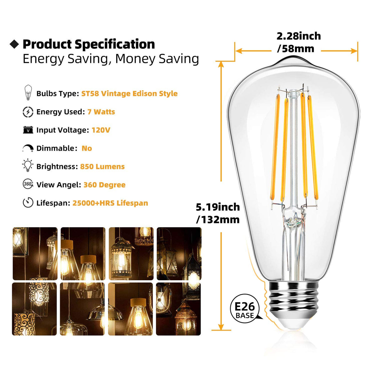12 Pack Vintage 7W ST58 LED Edison Light Bulbs 60W Equivalent (3000k Soft White / 12 Pack (60W Equivalent))