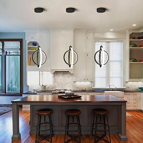 Modern LED Chandelier Black Ring Pendant Light Fixtures 4000K Dimmable Height Adjustable Pendant Lighting for Dining Room Kitchen Island Bedroom Living Room Foyer（1 (Sand Black / Round-1Pack)
