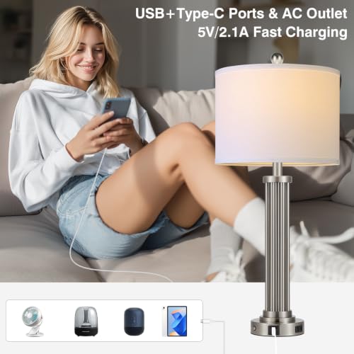 28" Tall Modern Table Lamps Set of 2 with USB C+A Ports and AC Outlet (Silver-2 Pack)