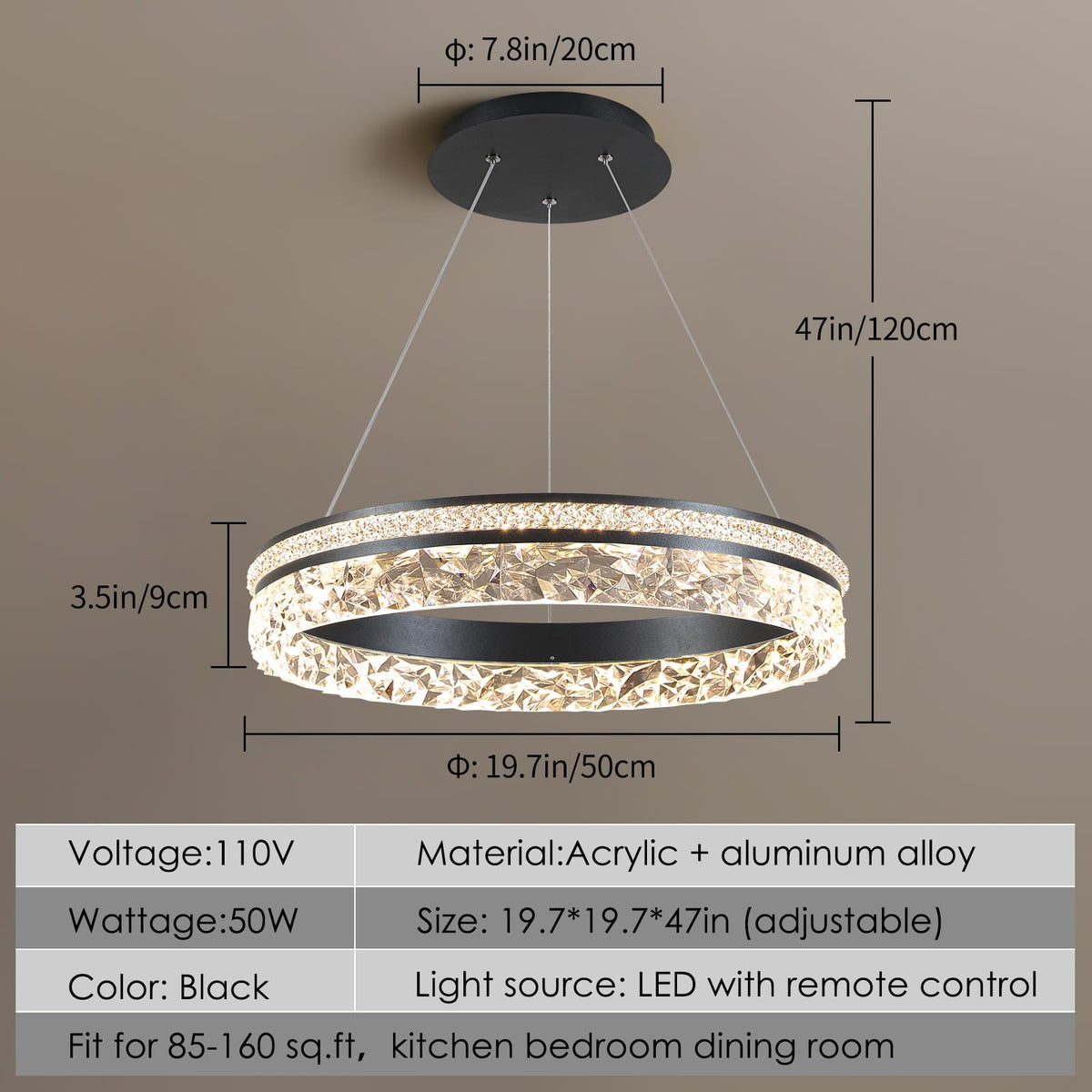 Modern LED Chandelier 1 Ring 19.7in Pendant Lighting for Kitchen Island 50W Dimmable LED Pendant Ceiling Light Black Hanging Light Fixtures with Remote for Kitchen Dining Room Bedroom Living Room (1 Ring / Black 19.7in)