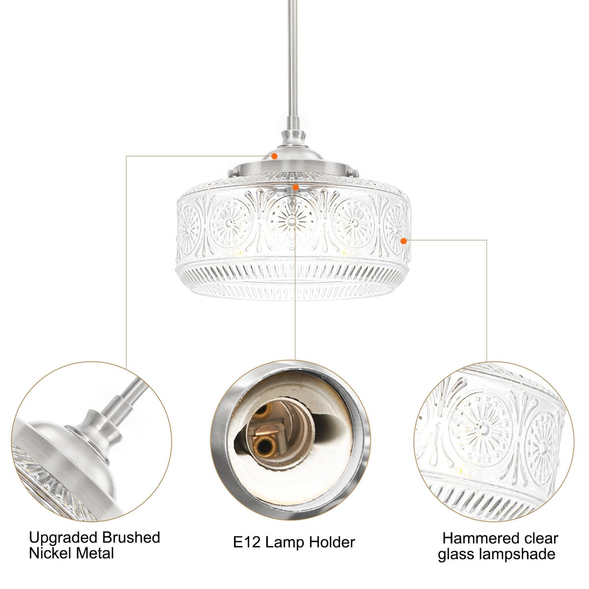 Brushed Nickel 3 Light Pendant Light for Kitchen Island with Etched Glass (Nickel+Clear Glass / 11.8in)