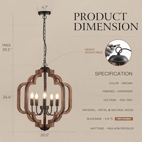 20.5" Farmhouse Vintage Chandelier 5 (Textured-Brown / D20" x H24" 5-Light)