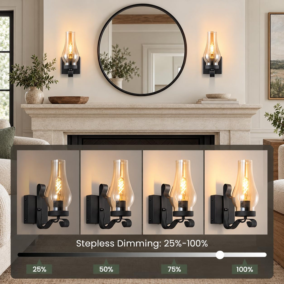 Vintage Battery Operated Wall Sconces Set of 2 (Amber Black / Battery Operated)