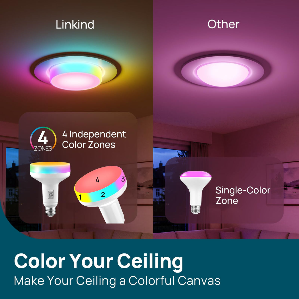 Matter BR30 Smart Light Bulbs (4-zone Independent / Stretchable-850lm-2pk)