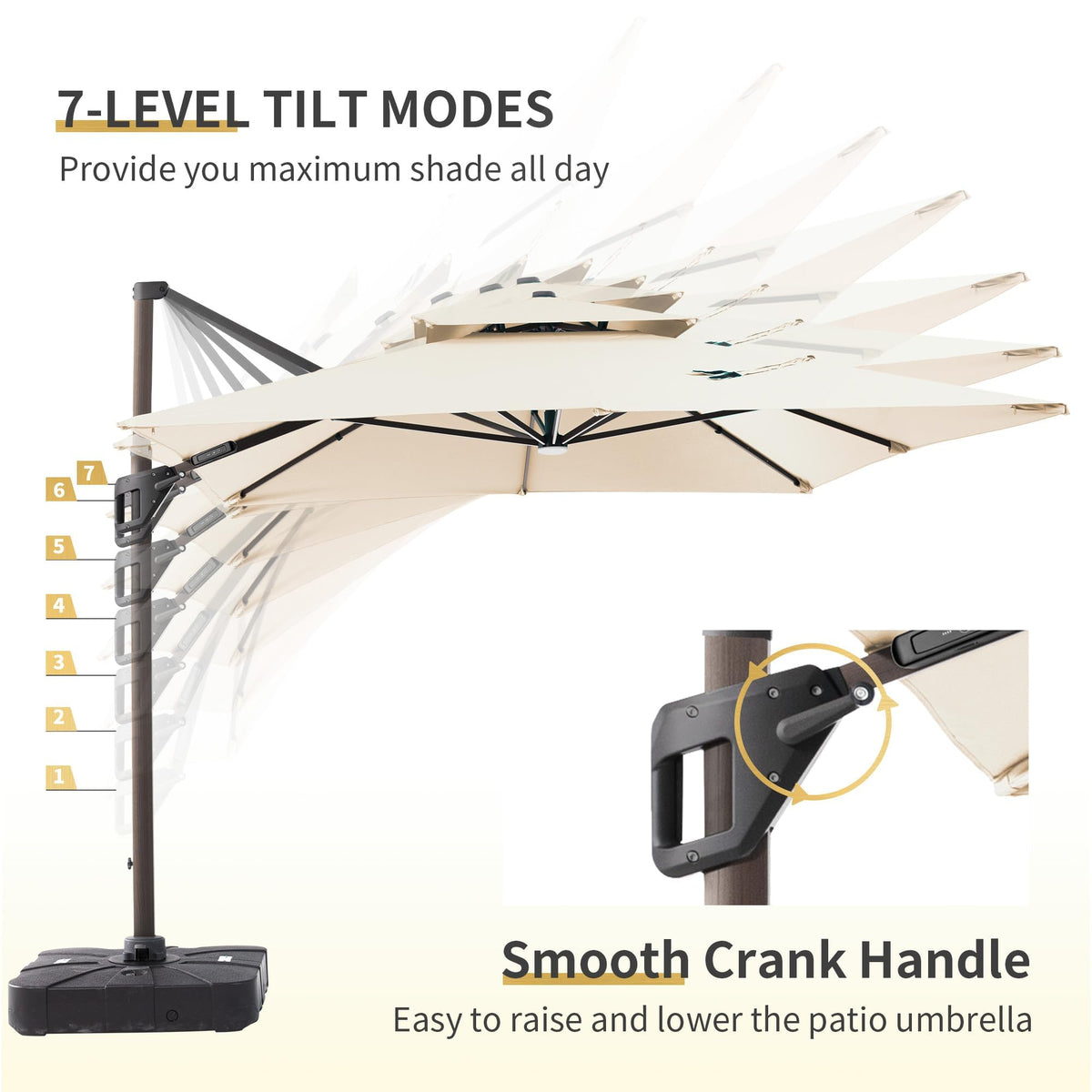 10x13 FT Cantilever Offset Patio Umbrella with Lights & Base (Beige)
