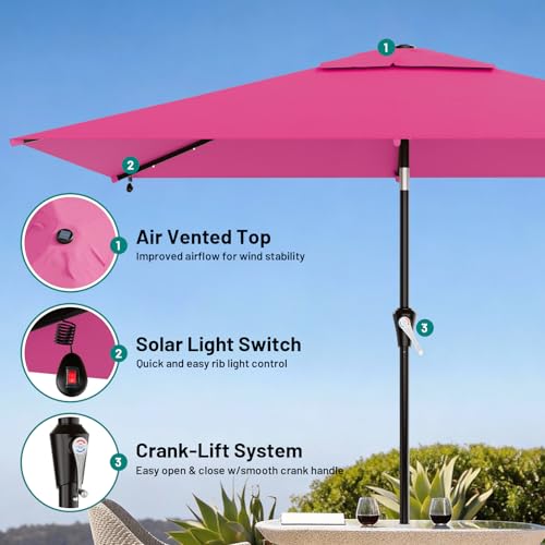 6.5' x 10' Rectangular Patio Umbrella with Solar Lights (Rose Pink / 6.5X10 FT)
