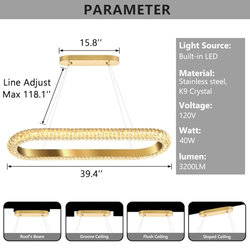 40'' Oval Ring Crystal Chandelier Modern LED Dimmable Ring Pendant Light Chandelier for Dining Room Living Room Gold (Gold / 1 Ring Oval 40")