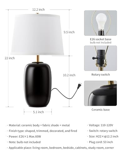 22 Inch Black Ceramic Table Lamps Set of 2 (H22" Black Ceramic + White Shade (2 Pack) / H22 × ∅12.2 inch)