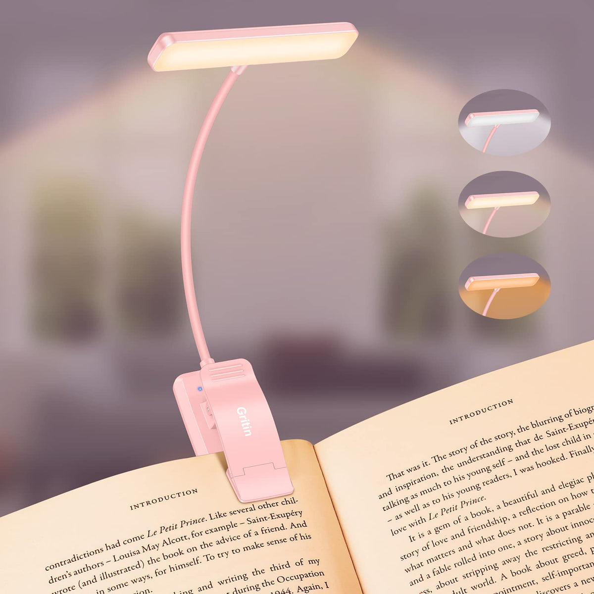 19 LED Rechargeable Book Light for Reading in Bed (Pink)