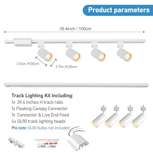 4 Light LED Track Lighting Kit with 3.3FT H Track Lighting Rails & Floating Canopy Connector (White / 4 Lights)