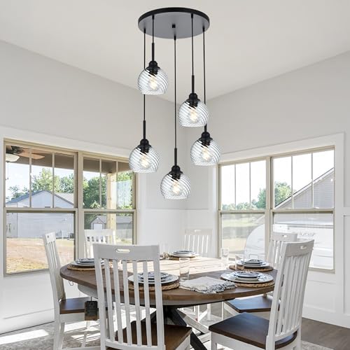 5 Light Cluster Pendant Light with Striped Swirl Globe Glass Black Pendant Lighting for Kitchen Island (Transparent / 5-Light-Round Cluster)