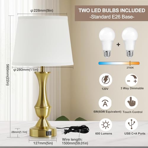 22" Gold Table Lamps Set of 2 (White,Gold base / 22in)