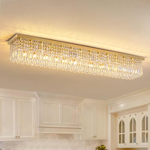 Rectangle K9 Crystal Chandelier Modern Rectangular Pendant Lighting Fixture for Dining Room Kitchen Island Bedroom Room Decor