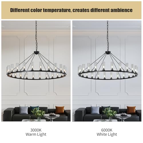 24 Light Large Wagon Wheel Chandelier with Clear Glass Shade Black Round Pendant Light Farmhouse Industrial Chandeliers Dining Room Light Fixture for Stair Living Room Foyer Kitchen (Black / 1 Tier-24 Lights)