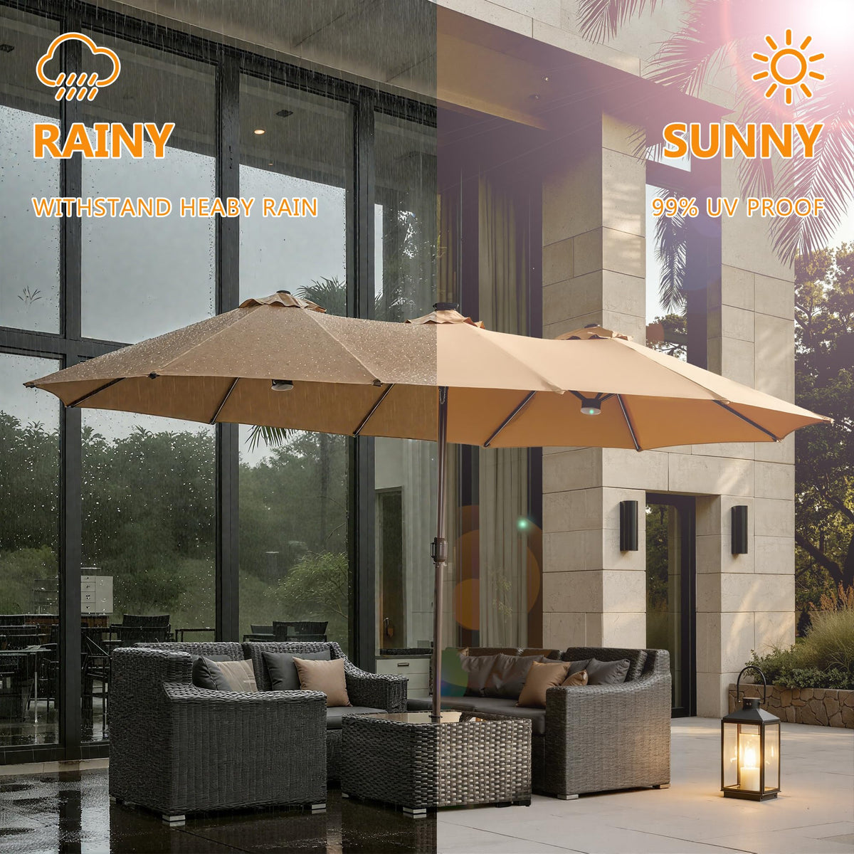 15FT Double Sided Rectangular RGB LED Patio Umbrella with Remote & App Control (Khaki)
