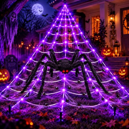 200 LED Halloween Spider Web Lights Purple Outdoor Light&Large Spider
