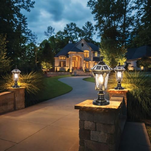 Outdoor Post Caps Light with Solar Powered 17.71" Solar LED Column Caps Lamps Rustic Bronze Fence Pillar Lamps IP65 Waterproof Deck Post Bollard Lighting Lawn Landscape Lawn Garage Yard Path Lamps