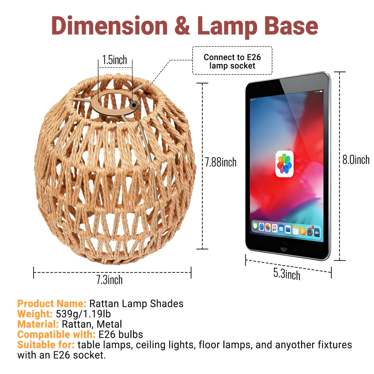 Small Lamp Shades For Table Lamps Hanging Light Boho Lamp Shades Wicker Lamp Shade for Floor Lamps (7.3 Inch-Egg Shade)