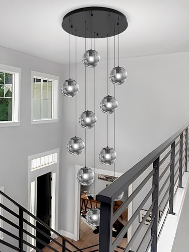 H138 Modern Smoke Glass Globe Chandelier Large Chandeliers for High Ceiling 10 (Smoke Grey / Globe 10-Light)
