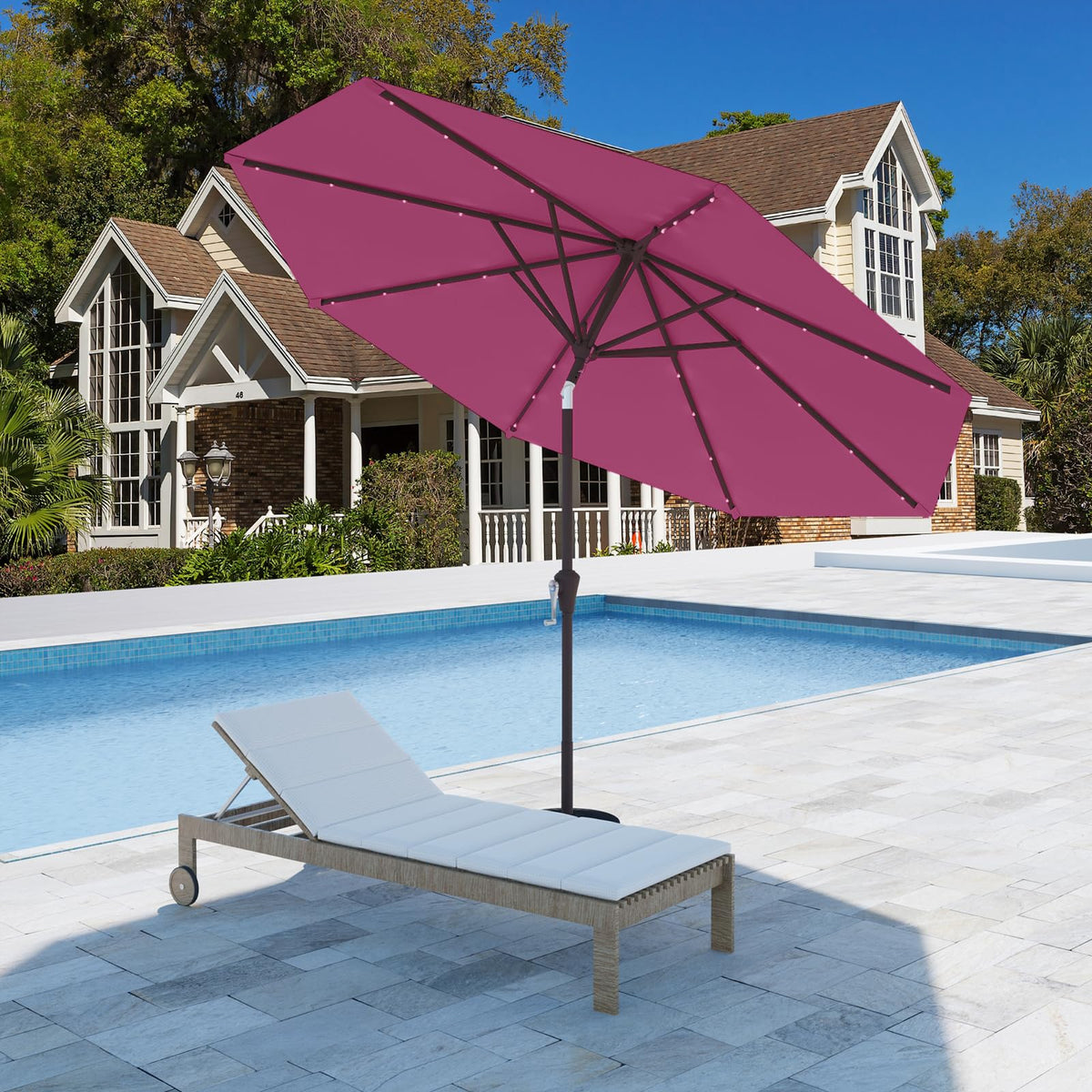 9FT Patio Umbrella with Solar Lights (Rose Pink)
