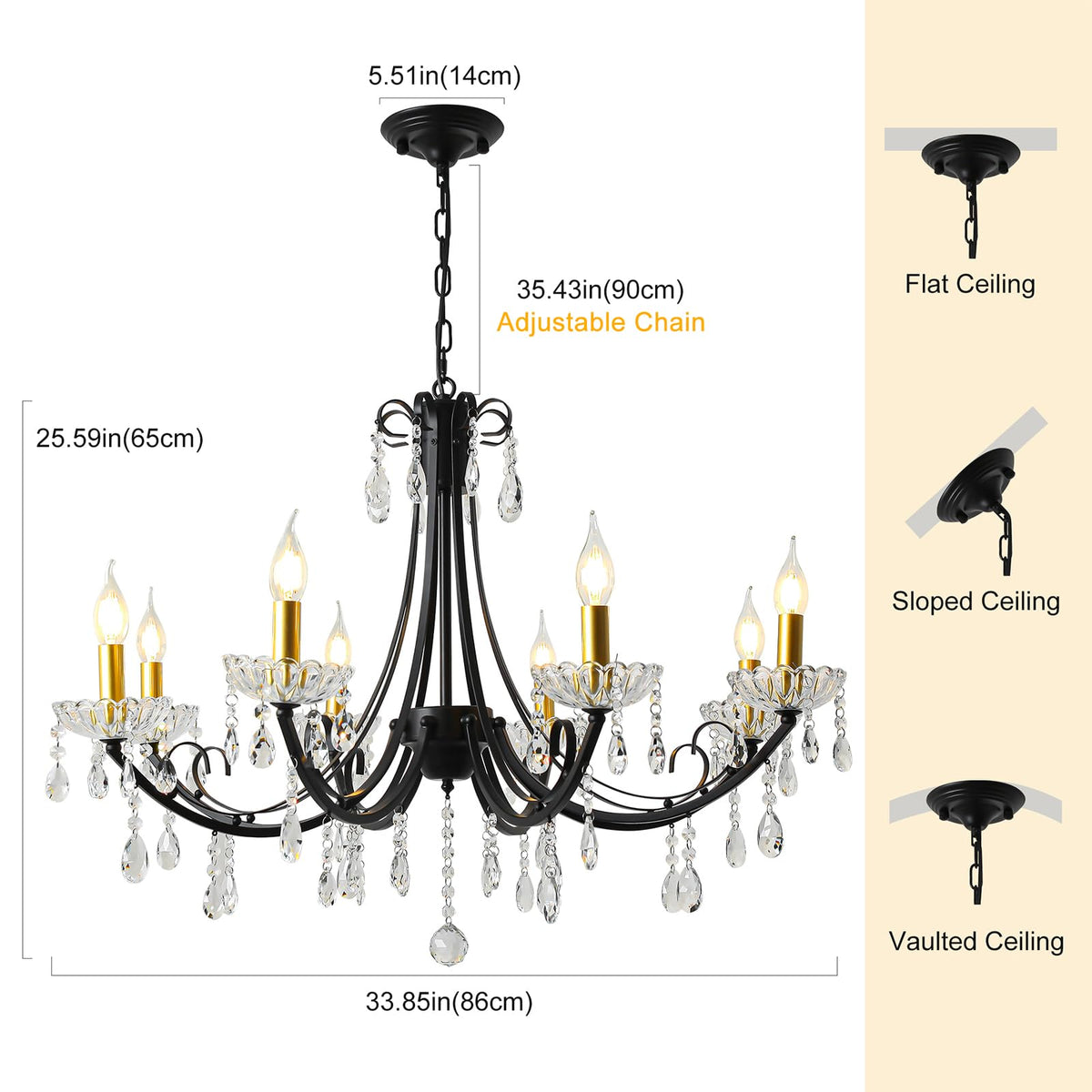 Black Crystal Chandeliers for Dining Room (Black&Gold-8light)