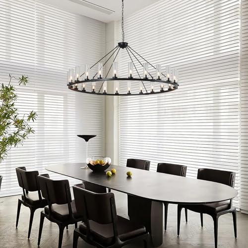 24 Light Large Wagon Wheel Chandelier with Clear Glass Shade Black Round Pendant Light Farmhouse Industrial Chandeliers Dining Room Light Fixture for Stair Living Room Foyer Kitchen (Black / 1 Tier-24 Lights)