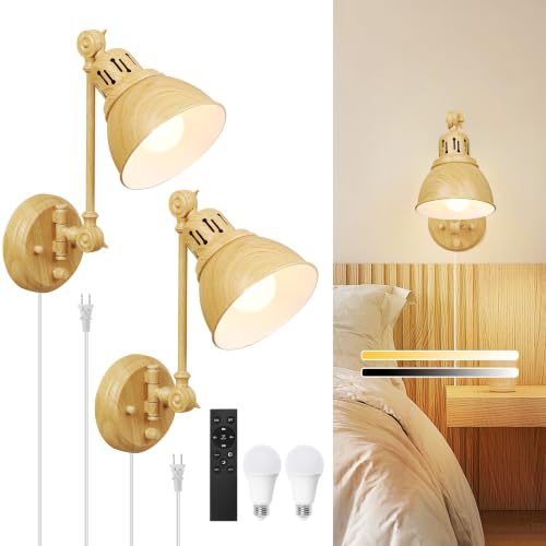 2 Pack Plug in Wall Sconces with Remote Control (Oak-2 PACK(Bulbs+Remote))