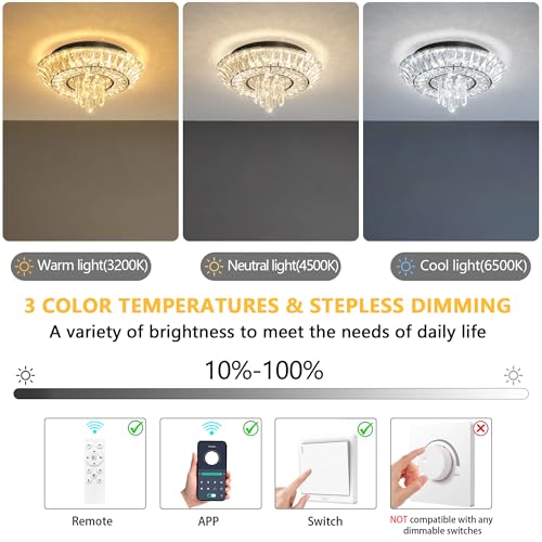 Crystal Chandelier Modern Round Ceiling Light Fixture LED Raindrop Chandeliers Dimmable with Remote for Dining Room Living Room Entryway Hallway Bedroom