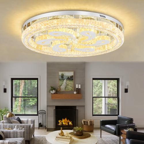 40in Modern Crystal Chandelier for Living Room LED Dimmable Flush Mount Ceiling Light for Dining Room Silver Dimmable 2700K (40in Silver)