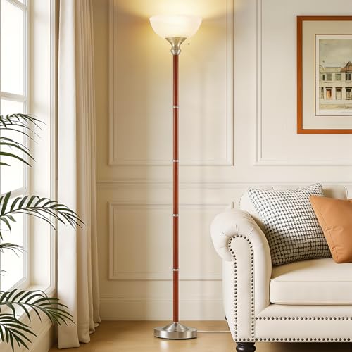 72" Wood Torchiere Floor Lamp with Glass Shade Nikel Standing Lamp (Brushed Nikel)