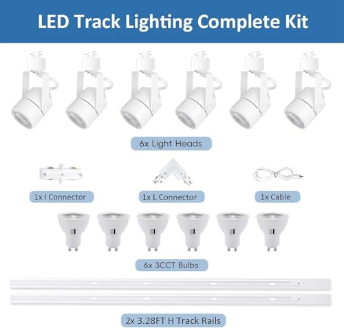 Track Lighting Kit with GU10 3CCT Dimmable Replaceable Bulbs White 6 Heads (White)