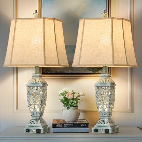 27.5" Touch Control Traditional Table Lamp Set of 2 with USB A+C (White Wash with Green Brush-2 / 27.5")