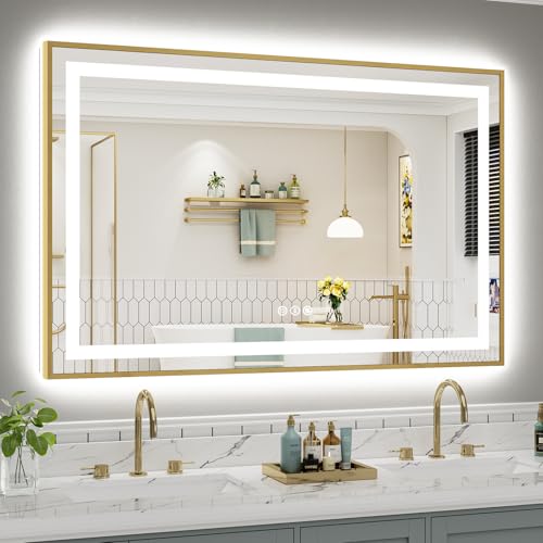55x36 Inch LED Bathroom Mirror with Gold Frame (Backlit+front Lit With Gold Frame / 55"L x 36"W)