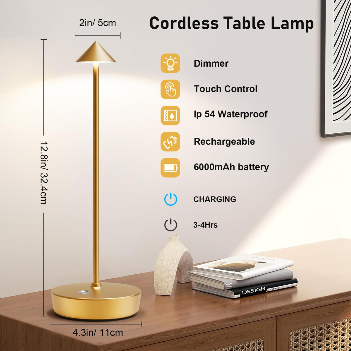 Set of 2 Cordless Rechargeable Led Table Lamp Battery Operated Light Gold (2Pack Gold)
