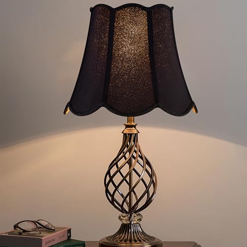 Black Wavy Floral Scalloped Lamp Shades Set of 2 Medium (Black & Gold-natural faux silk / 8"×13"×11" (Spider)-2 pcs)