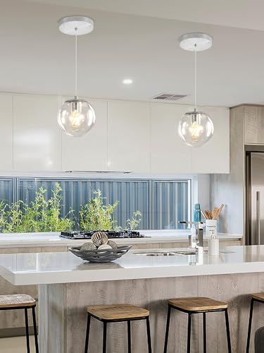1 Light Globe Pendant Light for Kitchen Island Silver Pendant Light Fixtures with Clear Glass Globe Hanging Lights for Bedroom (Silver-Clear / Globe 1-Light)
