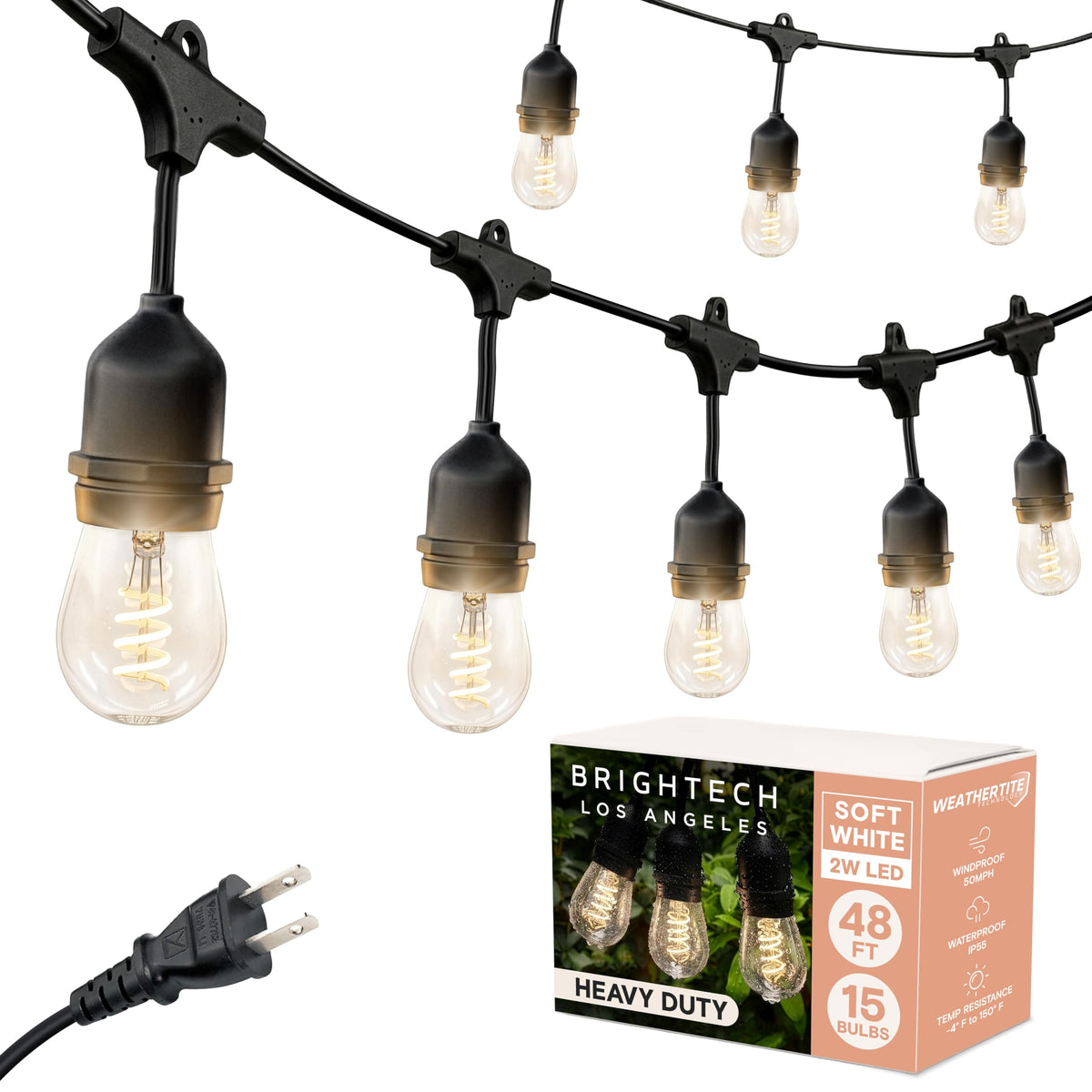 Ambience Pro Waterproof LED Outdoor String Lights (48 Foot - Spiral Bulbs - Soft White (2700K))