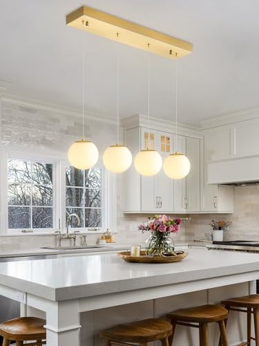 4 Light White Globe Glass Pendant Light Modern Gold Chandelier White Glass Globe Chandelier for Dining Room Kitchen Island Foyer Hallway (Gold-White / Rectangle 4-Light)